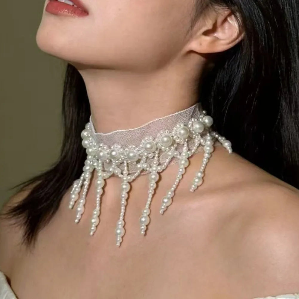 Neck Pendant White Pearl Lace Choker Creative Alloy Tassel Beads Necklace French Style Collarbone Chain Mesh Neck Jewelry Gift