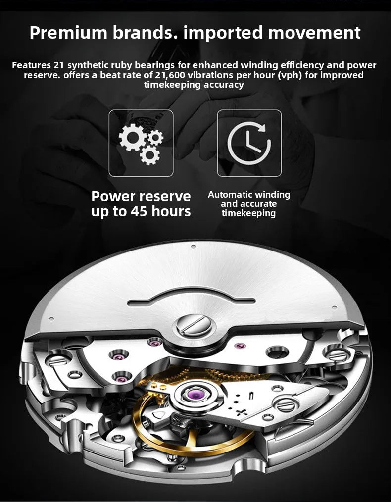 Fully automatic mechanical watch, business-style, luminescent, waterproof, men's mechanical watch, sapphire crystal glass mirror