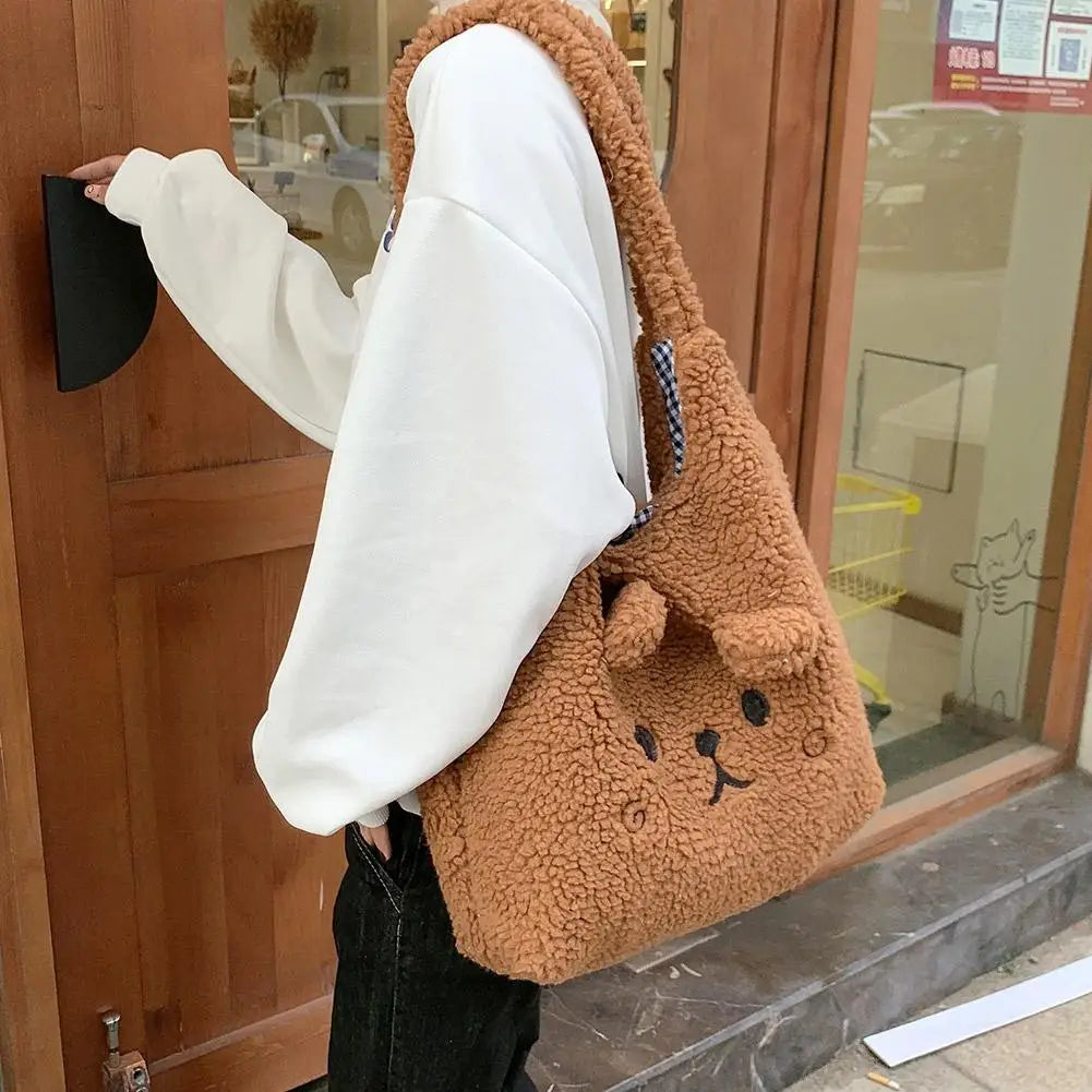School Bag Cartoon Embroidery New Winter Soft Plush Tote Bag Shopper Bag Shoulder Bag For Women Cute N8Y7
