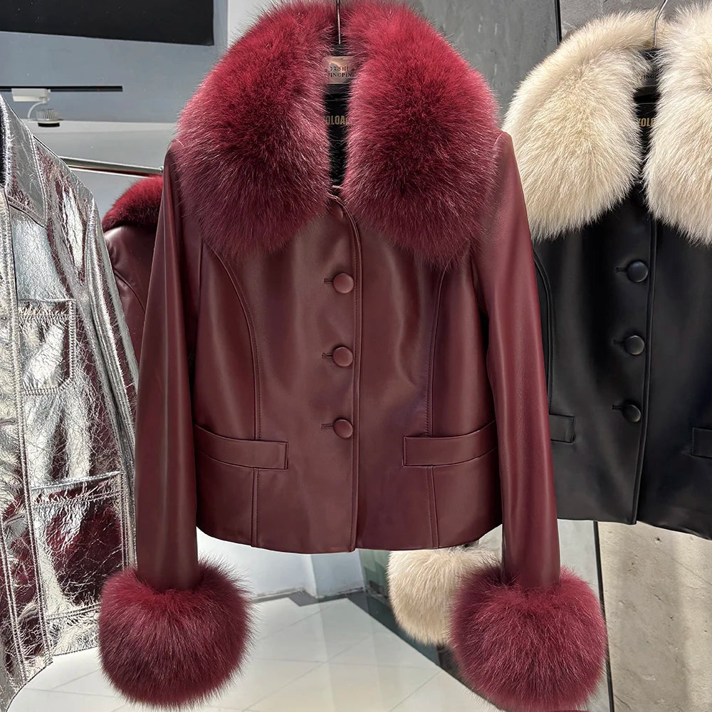 YOLOAgain Women's Mongolia Sheep Fur Collar Real Leather Jacket Single Breasted