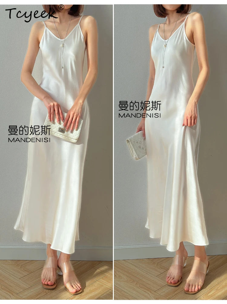 Tcyeek 100% Natural Mulberry Silk Long Dress 21MM Real Silk Summer Dresses for Women 2026 Elegant Dresses Womens Clothing Платье