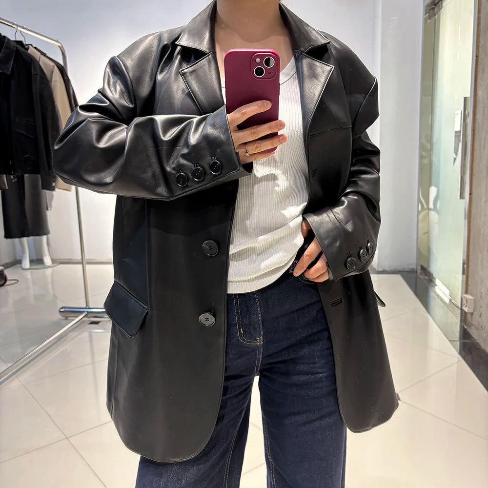 YOLOAgain Single Breasted Oversized Suede Blazer Women Real Leather Jacket Spring 2026