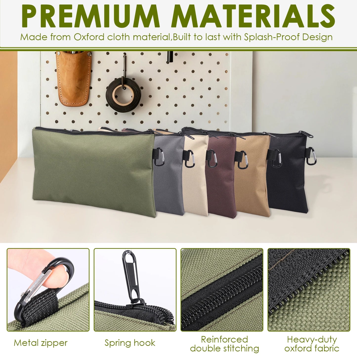 6pcs Tool Bag Zipper Pouch Utility Multipurpose Storage Organizer Tool Pouches with Carabiner Metal Zipper for Tools, Stationary