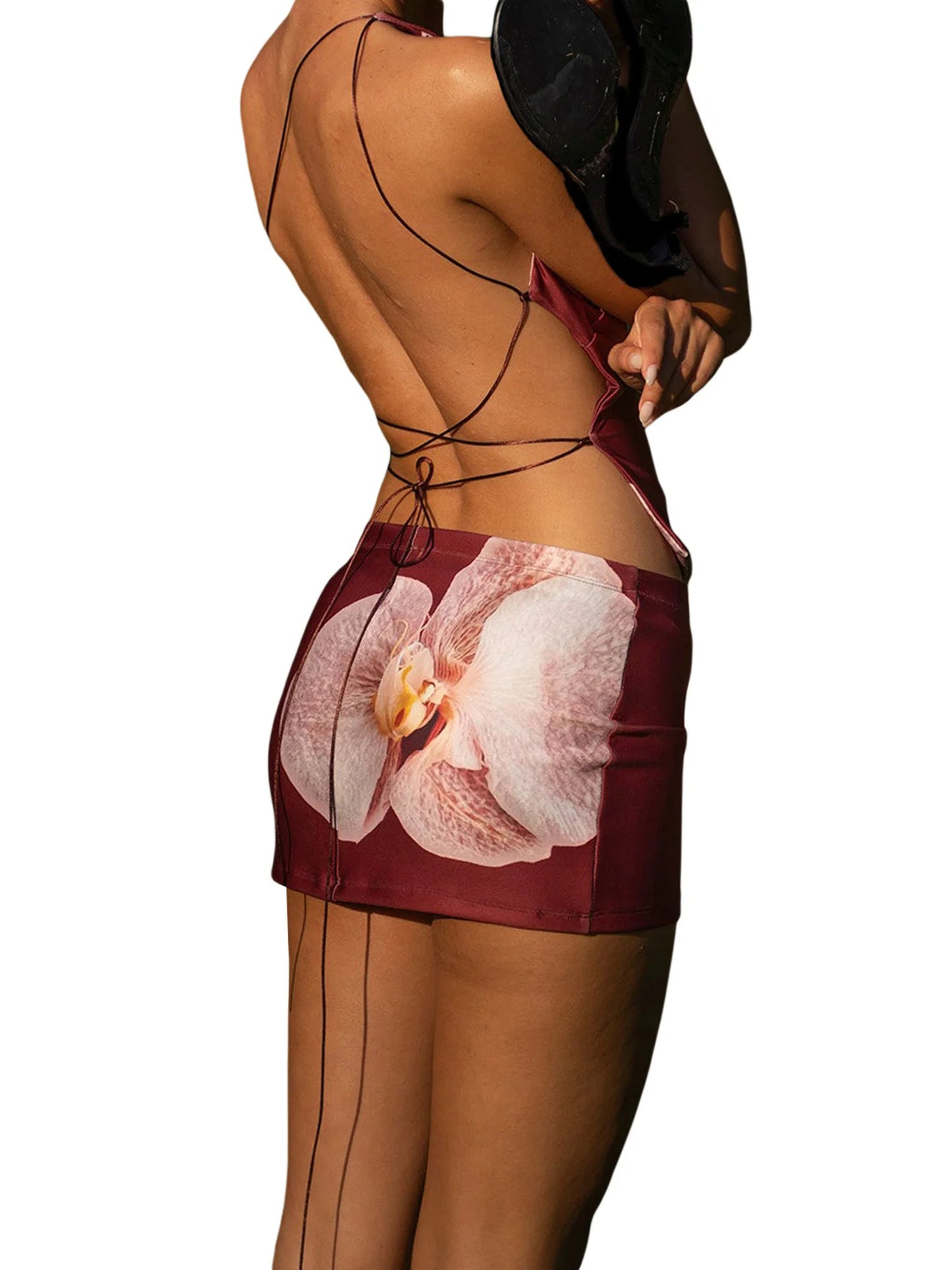 Women's Summer Outfits Abstract Flower Print One Shoulder Tank Tops + Mini Bodycon Skirt Set Party Clothes