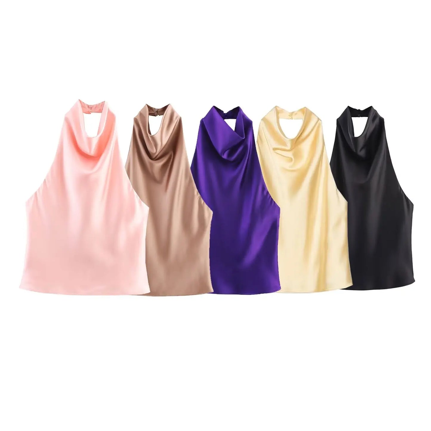 HH Women Summer Sexy Sleeveless Backless Vest Top Female New Fashion Solid Chic Neck Halter Button Pleated Design Slim Top