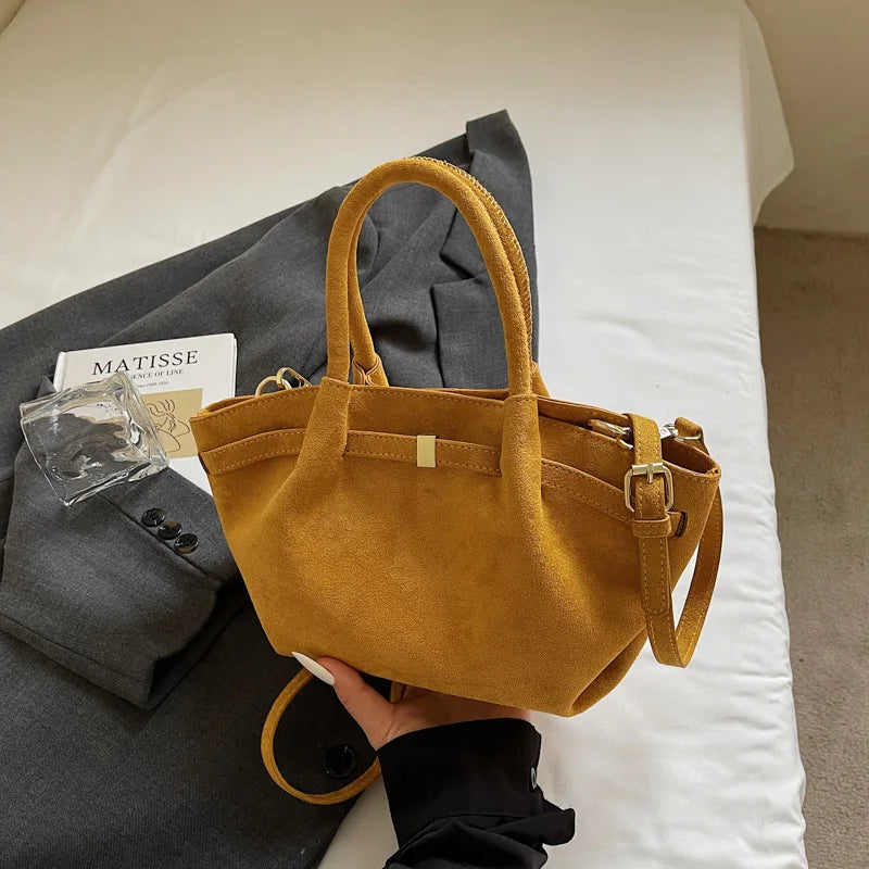 Matte Leather Suede Tote Handbags for Women Large Capacity Retro Shoulder Bag Fall Winter Belt Design Female Crossbody Bags