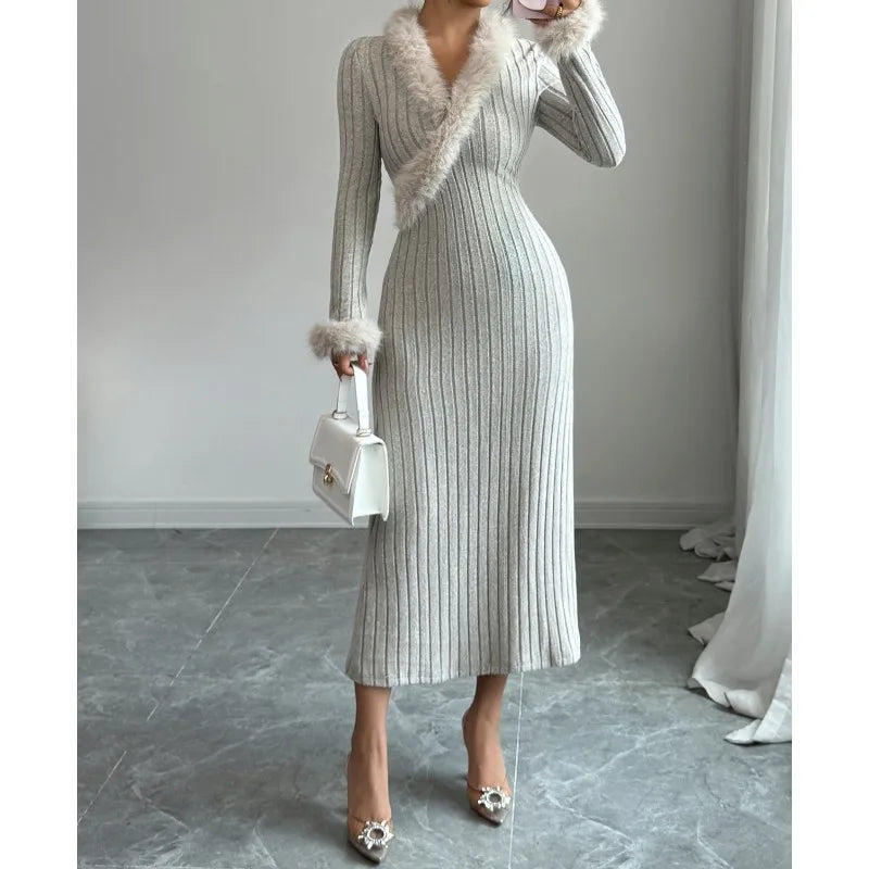 2025 Autumn/Winter Elegant Pure Color Long-Sleeved A-line Skirt Dress