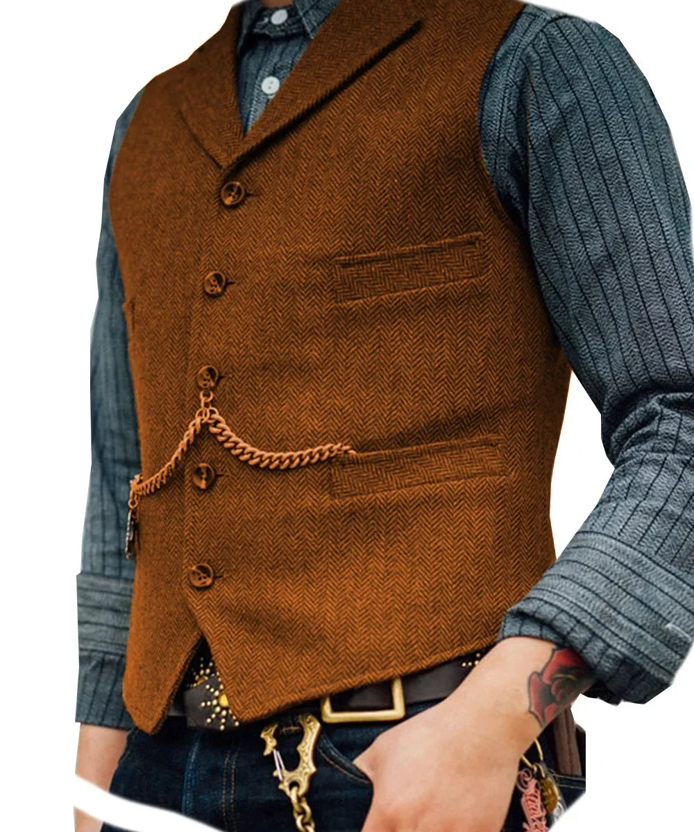 Wool Tweed Men's Suits Vest for Groomsmen Wedding Lapel Casual Slim Business Vests Sleeveless Waistcoat Male Gilet Homme Vests