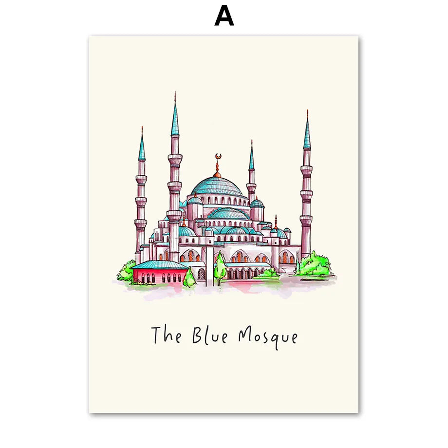 Beige Mosque Allah Camel Rabbit Islamic Wall Art Canvas Painting Posters and Prints Cartoon Pictures for Baby Kids Room Decor
