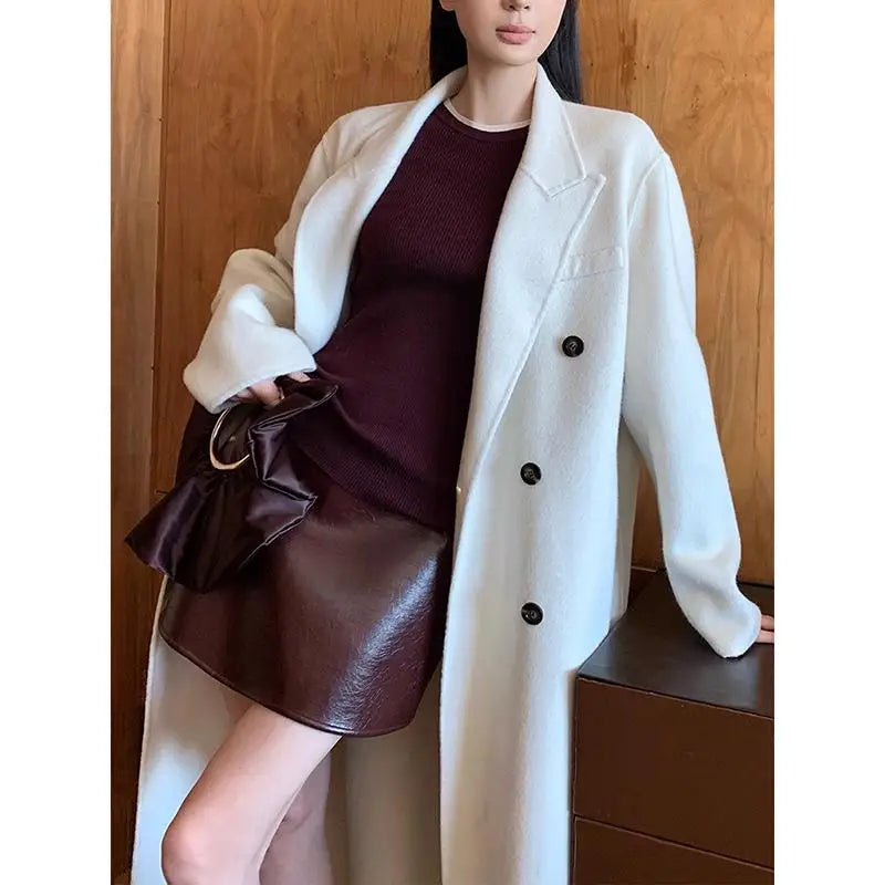 Office Lady Woolen Jackets 2024 Autumn And Winter Suit Collar Double Breasted Warmer Yak Hair Loose Long Women's Wool Coats