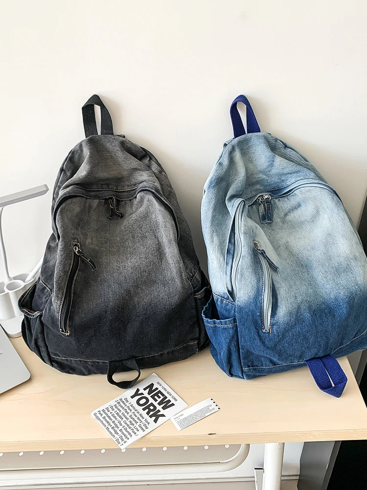 Men's and Women's Backpacks, Student School Bags, Large-Capacity Washed Denim Bags