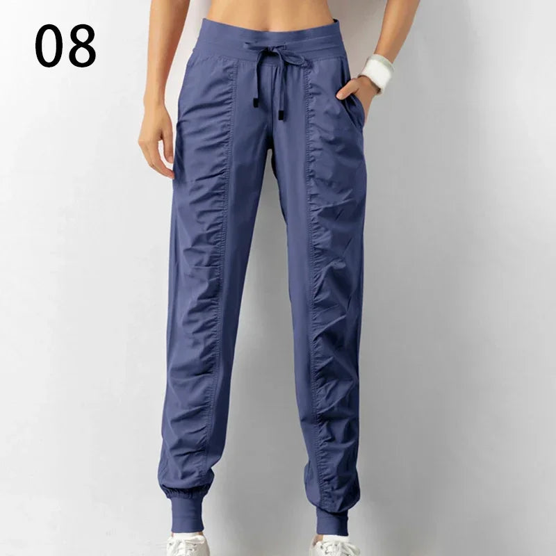 Sweatpants Fabric Drawstring Running Sport Joggers Women Quick Dry Athletic Gym Fitness with Two Side Pockets Exercise Pants