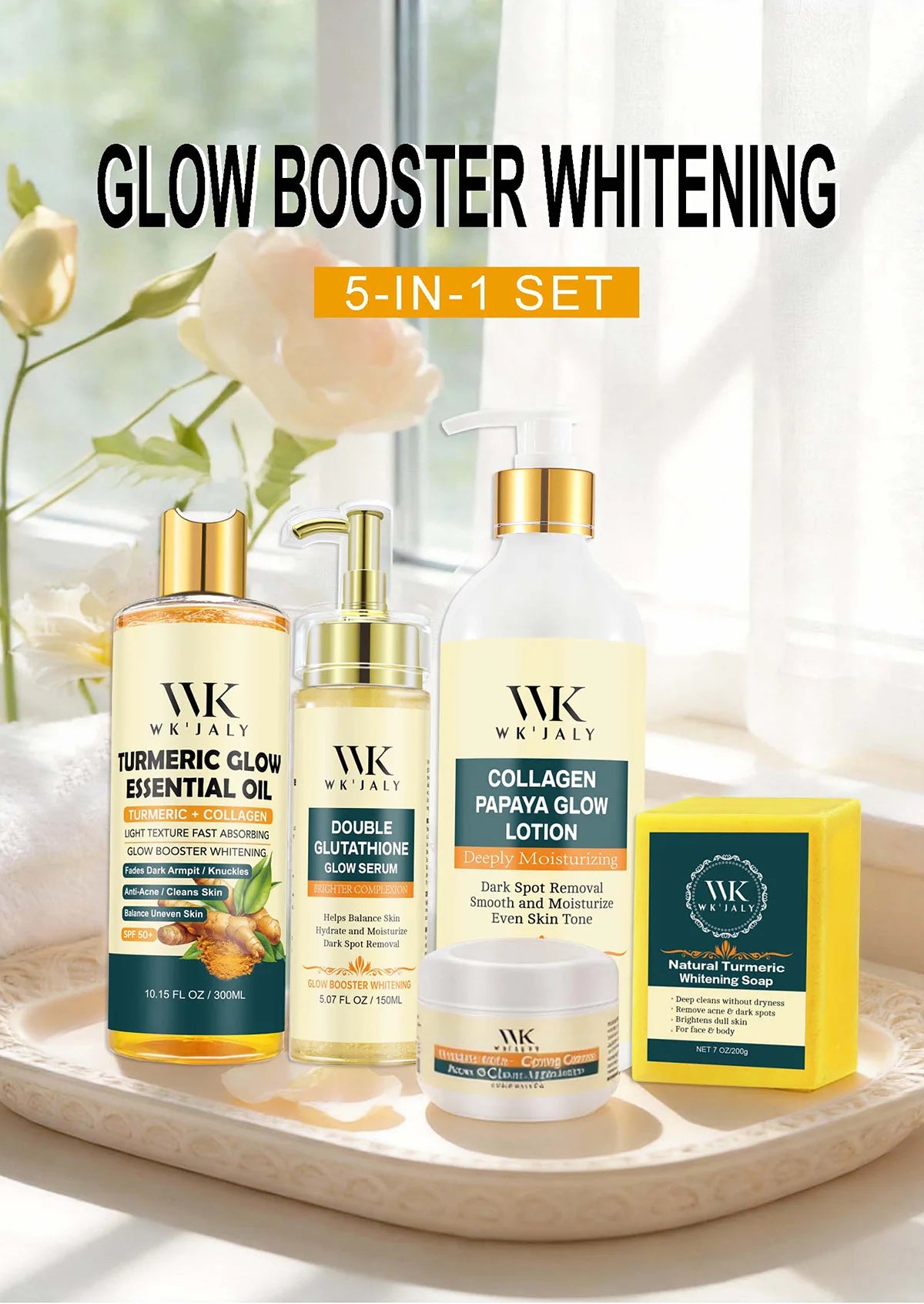 WK JALY Whitening Skin Care Set, Moisturize With Collagen, Glutathione, Natural Turmeric, Remove Acne, Dark Spot, Even Skin Tone