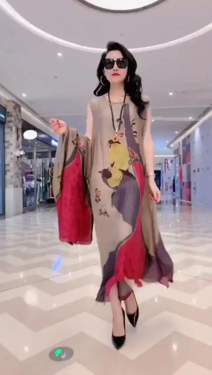 Authentic Silk Dress for Mother, Silkworm Loose Dress, High-End Print, 2-Piece Dress, Women's Dresses, Spring, Summer, New, 2023