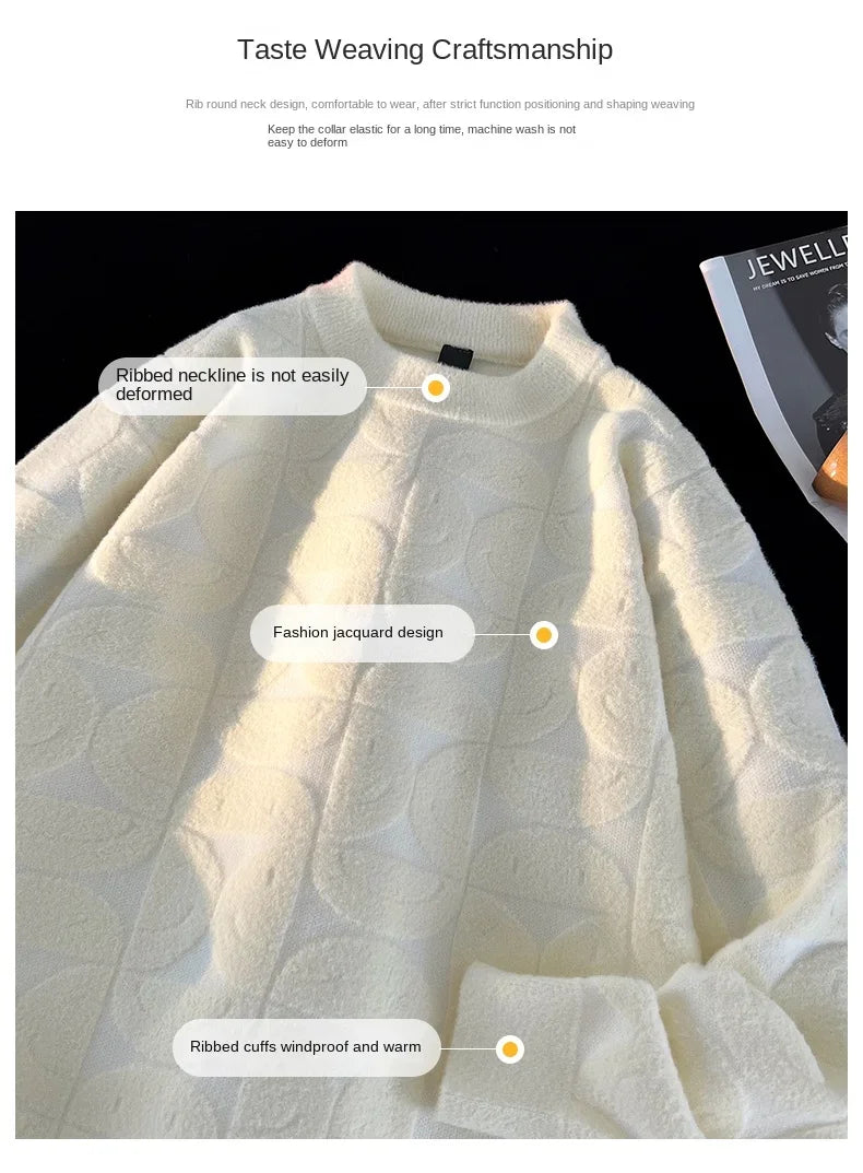 Wool Solid Sweater Long Sleeve Round Neck Fashion Knitted Pullover Coat Autumn Sweatshirt Warm Casual Men Thick New Jacket Tops