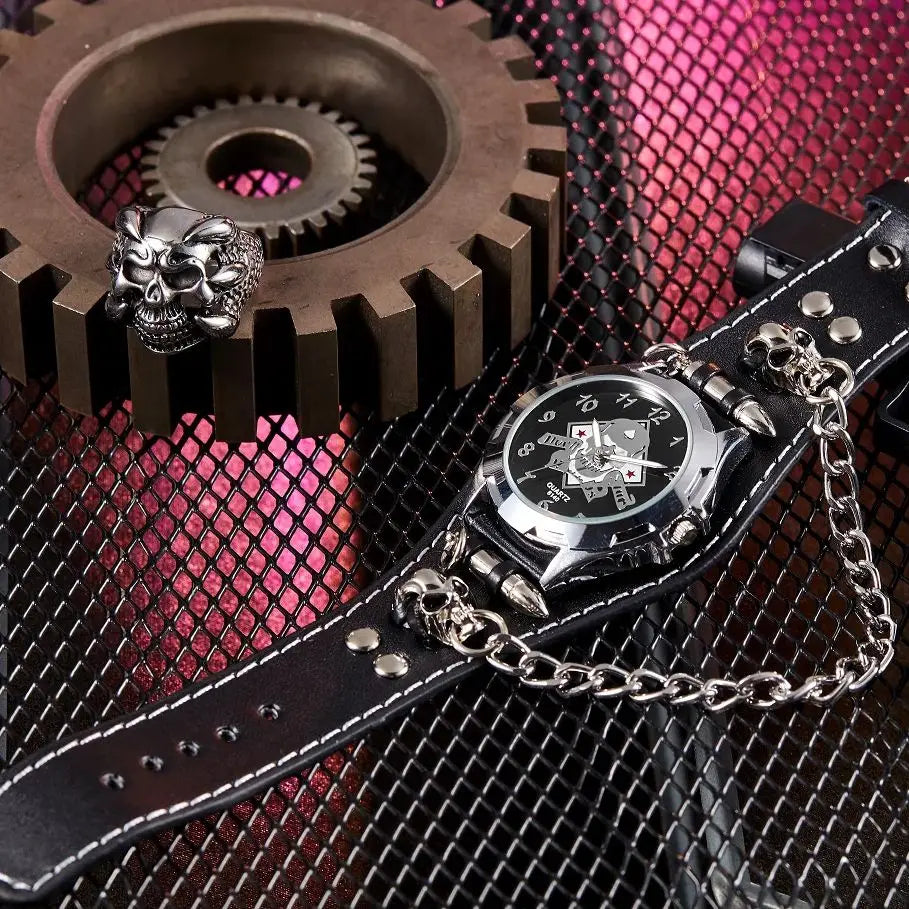 Anime Skull Round Pointer Quartz Watch - Grunge Punk Gothic Emo Halloween Cosplay Analog PU Leather Bracelet