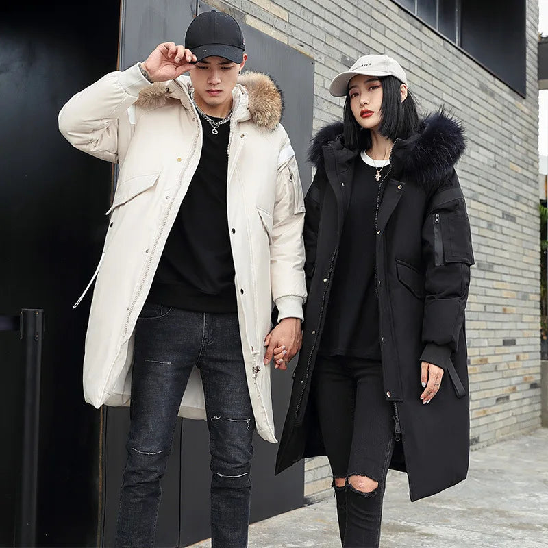 New Winter Down Jacket Men's Couple Fashion Big Fur Collar Medium and Long Youth Pie To Overcome Warmth and Thickening Tide