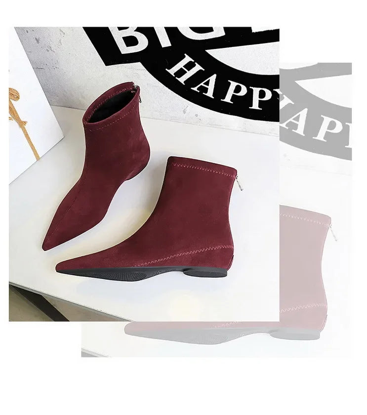 Women Red Pointed Toe Suede Ankle Boots Elegant Woman Inner Heel Short Boots 2024 Autumn Chic Office Female Keep Warm Short Boot
