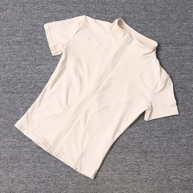 Summer High Quality Waist Slimming Training Tops Women's Quick-drying Tight Stand Collar Full Zipper Short Sleeves Yoga shirts