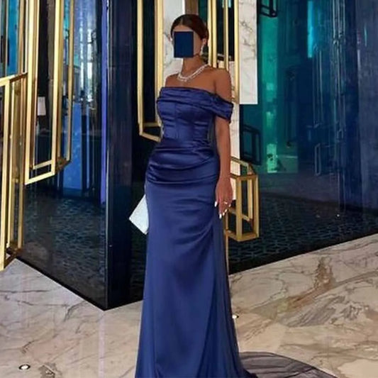 Saudi Arabia Dresses for Special Occasions Satin Sheath Formal Evening Dress Dark Royal Blue Off-the-shoulder Pleat Prom Gown