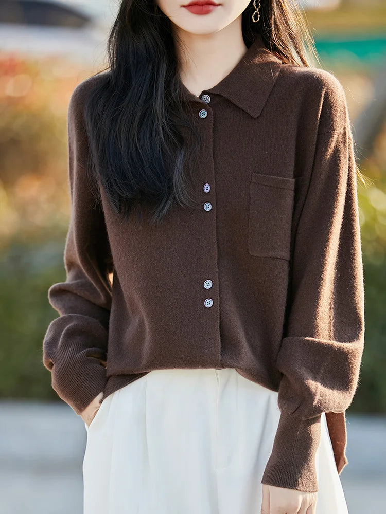 POLO Collar Wool Sweater 100 Pure Wool Spring And Autumn New Knitted Women Loose And Slimming Cardigan ZA682