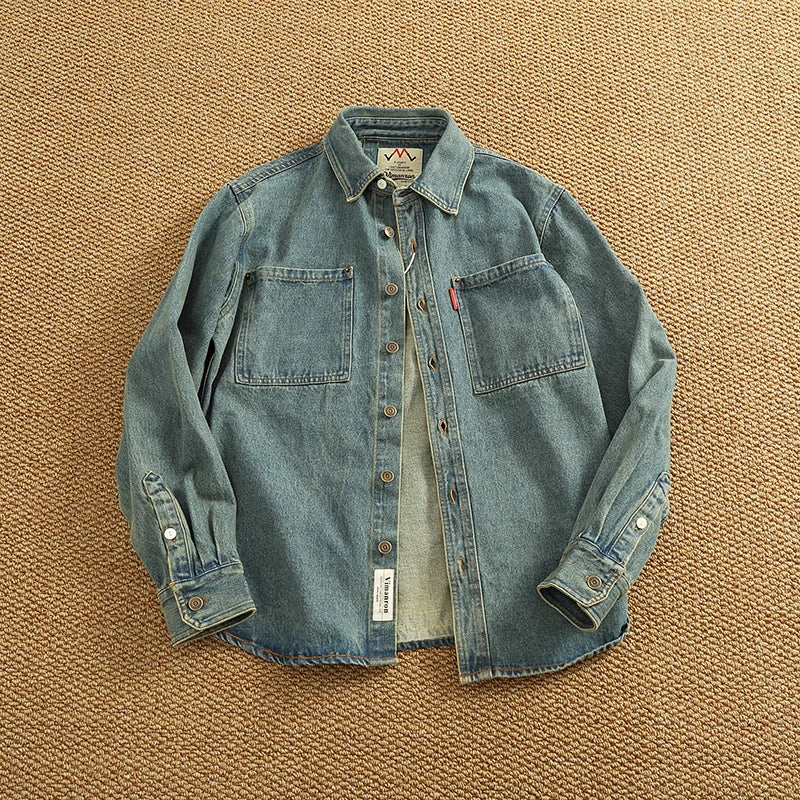 Spring Autumn New American Retro Long-Sleeve Lapel Solid Color Denim Shirt Men's Fashion 100% Cotton Washed Old Casual Blouses