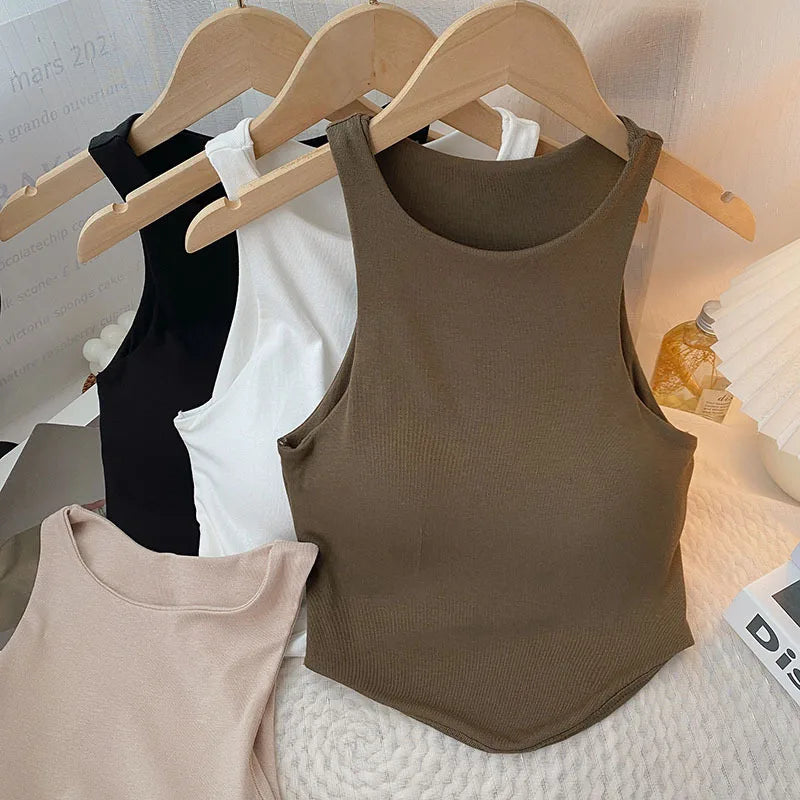 Summer Women Tank Tops Solid Color Camisole with padded Bra sexy Off Shoulder O Neck Elastic Tank Top Casual Sport Vest