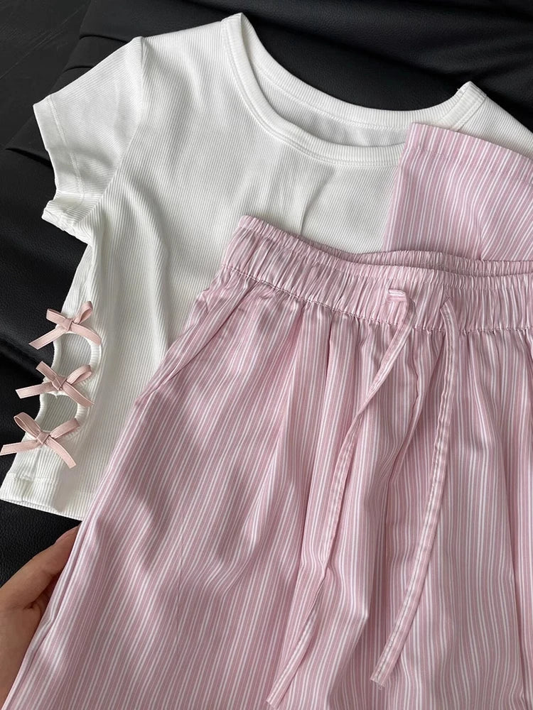Blue Ice Silk Stripe Pants Women's Casual Summer Spring Wide Leg Pants Small Size Sembach Trousers High Waist Loose Fit