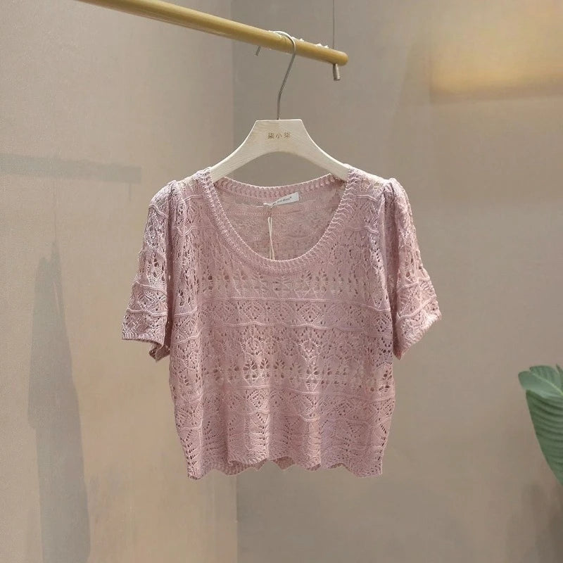 Summer Woman Tshirts Short Sleeve O-neck Loose Tees 2025 Ropa Mujer Hollow Out Knitted Crop T-shirts Vintage Women's Clothes