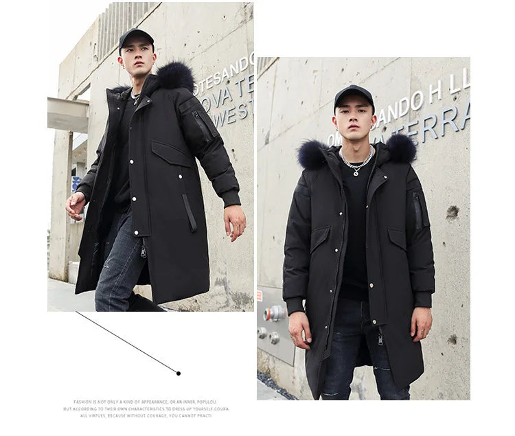 New Winter Down Jacket Men's Couple Fashion Big Fur Collar Medium and Long Youth Pie To Overcome Warmth and Thickening Tide