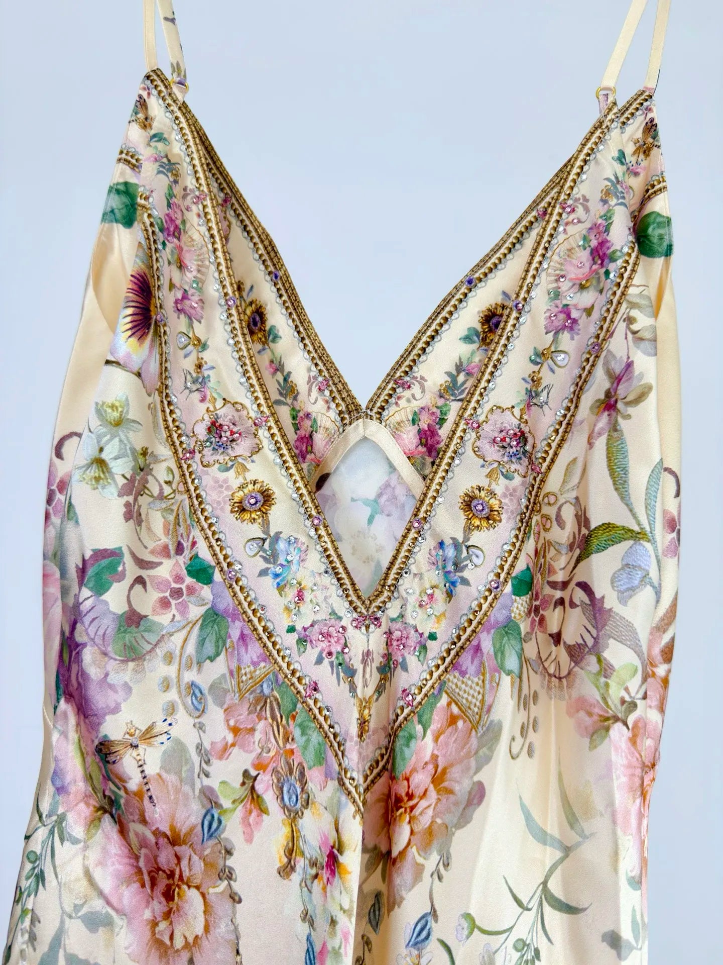 Women Silk Flower Printed Long Dress Heavy Beaded V-Neck Lantern Sleeve Loose Female dress