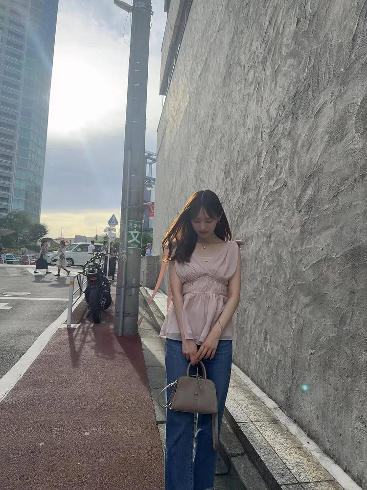 Women's Tops Summer Bow Tie Sweet Elegant Blouse Femme V Neck Shirt Waist-Cinching Japanese Style Sleeveless Chiffon Blouse