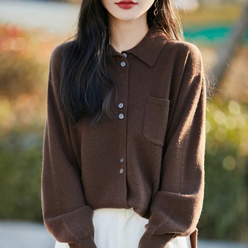 POLO Collar Wool Sweater 100 Pure Wool Spring And Autumn New Knitted Women Loose And Slimming Cardigan ZA682