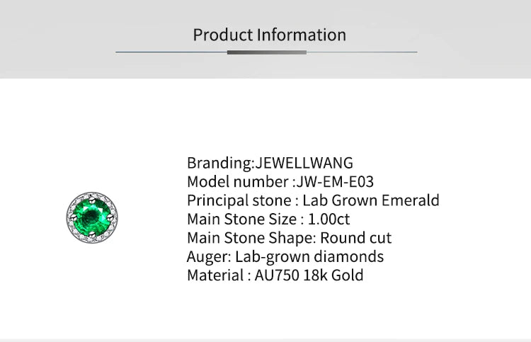 JEWELLWANG 18K Pure Gold Lab Grown 1 Ct Emerald Stud Earrings for Men or Women Surrounded By Synthetic Diamonds Luxury Jewelry