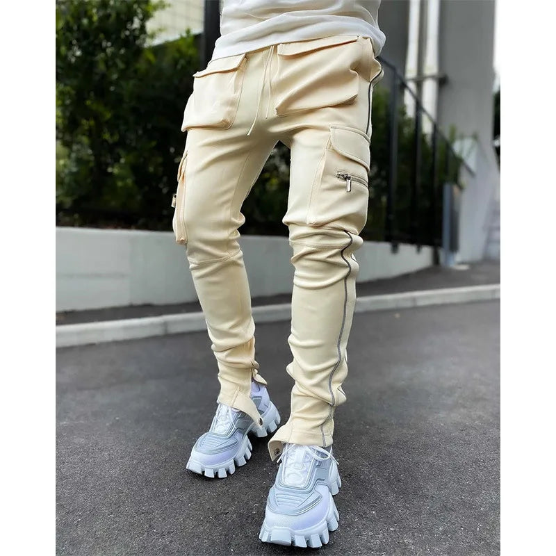 Spring and Autumn Workwear Pants Men's Fashion Brand Elastic Multi-Bag Reflective Straight Sports Fitness Casual Trousers