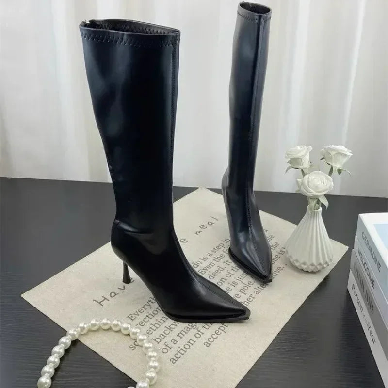 2025 New Women's High Heels Pointed Knee-length Female Boots Comfortable Stiletto Heel Soft Leather Women Shoes Zapatos De Mujer