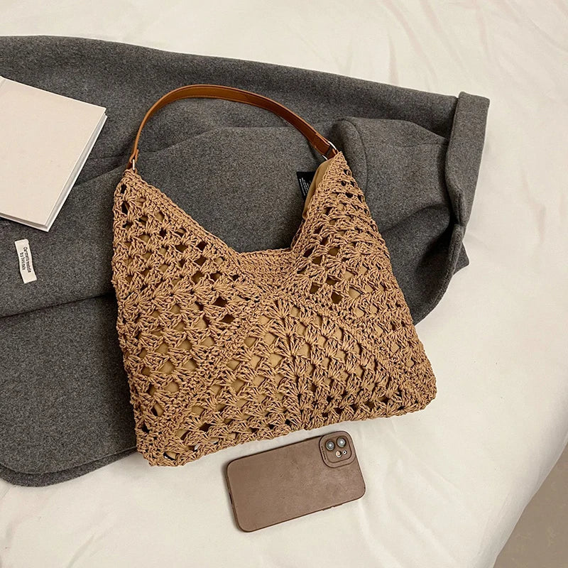 Women Weaving Clutches Top-handle Bag Large  Portable Shoulder Bag Summer Beach Purses Shopper Satchel Female Tote Bags