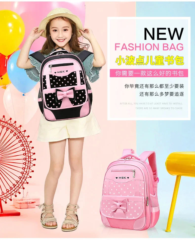 Lightweight School Backpack for Girls Kids Ages 6-12, Cute Polka Dot Bow Elementary Bookbag with Ergonomic Padded Straps