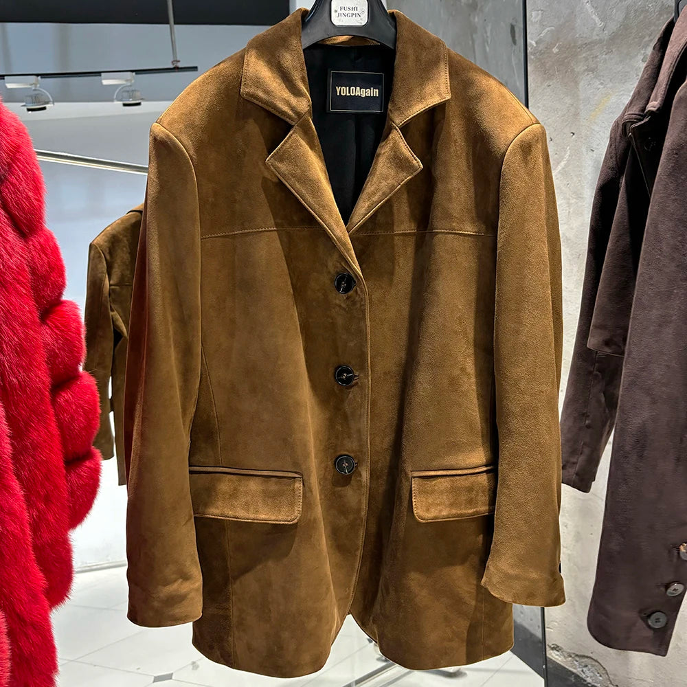 YOLOAgain Single Breasted Oversized Suede Blazer Women Real Leather Jacket Spring 2026
