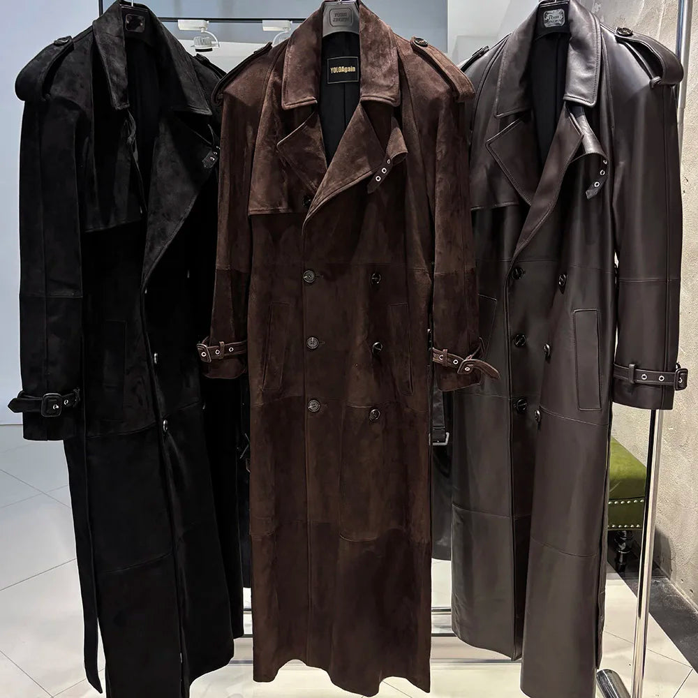 YOLOAgain 150cm Extra Length Real Leather Trench Coat Women Double Breasted Suede Coat Female