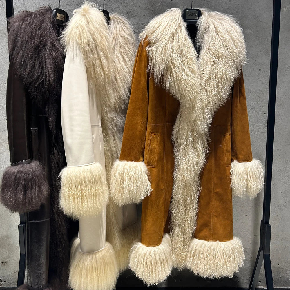 Winter Suede Long Fur Coat Mongolia Long Sheep Fur Collar New Arrival Camel Fur Jacket