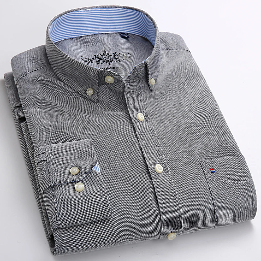 Men's Fashion Long Sleeve Oxford Work Shirt Single Patch Pocket Simple Design Embroidered Regular-fit Casual Button-down Shirts