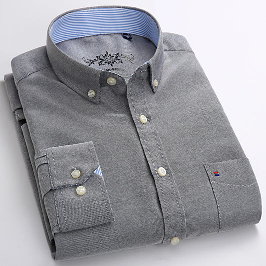 Men's Fashion Long Sleeve Oxford Work Shirt Single Patch Pocket Simple Design Embroidered Regular-fit Casual Button-down Shirts