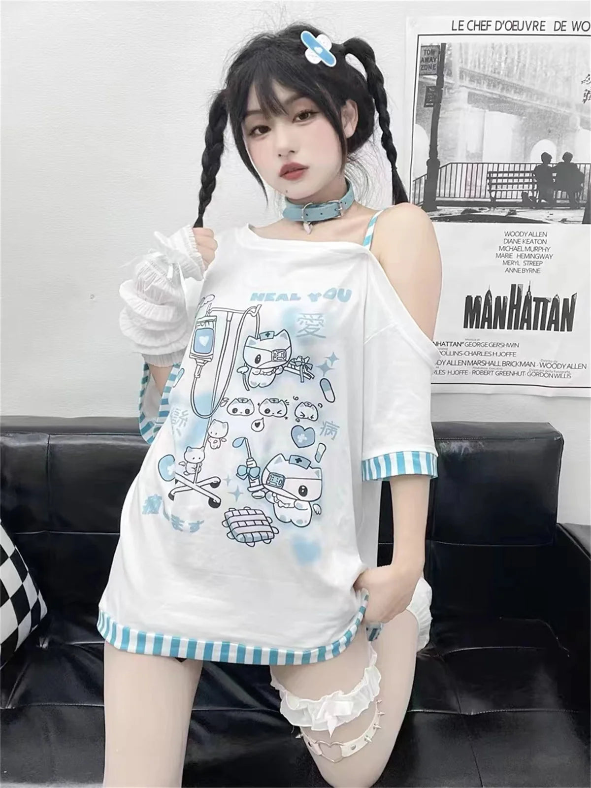 Summer T-Shirts Japanese Women T Shirts Oversized Tops 2025 Ropa Mujer Off Shoulder Anime Print Tees Casual Fashion Y2k Tshirts