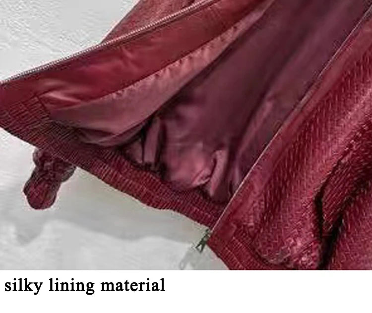 High-fashion Women Clothing 2025 New In Hand Knitting 100 % Leather Jacket Feminina Streetwear Burgundy Dropped Shoulder Coat