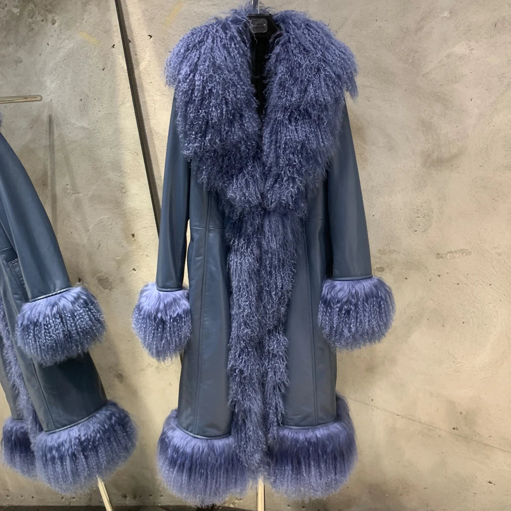 Suede Coat Fur Collar Women Autumn Genuine Sheepskin Coat Long with Mongfolian Fur Trim