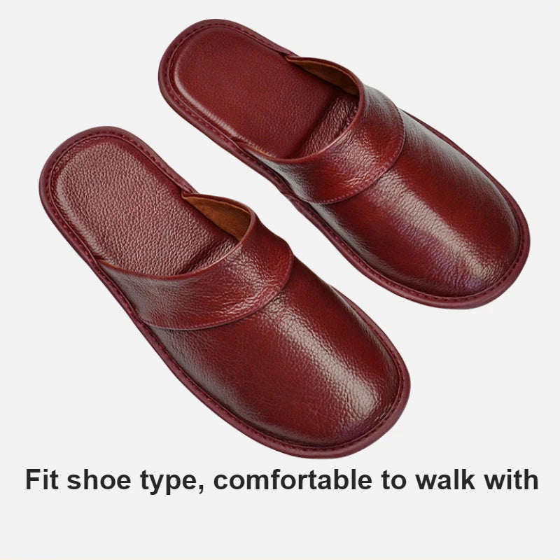 Genuine Cow Leather Slippers Homes in indoor slipper Spring Autumn summer men women elderly non-slip casual single Slides shoes
