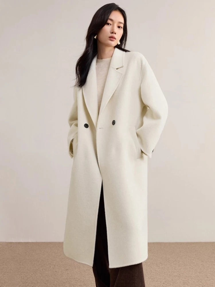SENTUBILA Women's 100% Wool Double-Faced Coat Winter 2025 Suit Lapel Collar Classic Commuter Style Long Overcoat W54OA8779