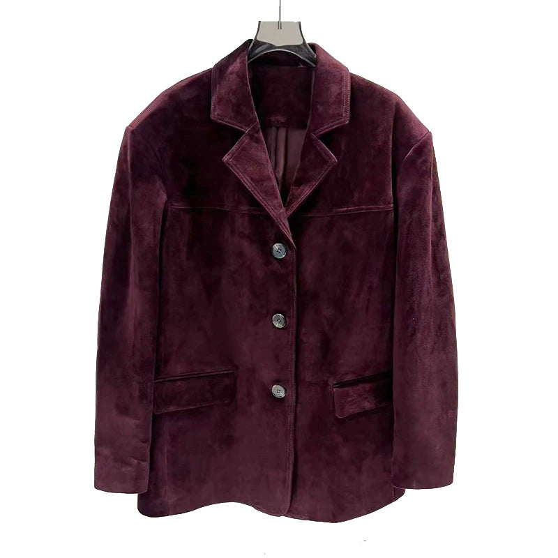 French High-end Western-style Leather Jacket for Women 2025 New Color Purple Red Oversized Casual Kid Suede Suit Blazer Outwears