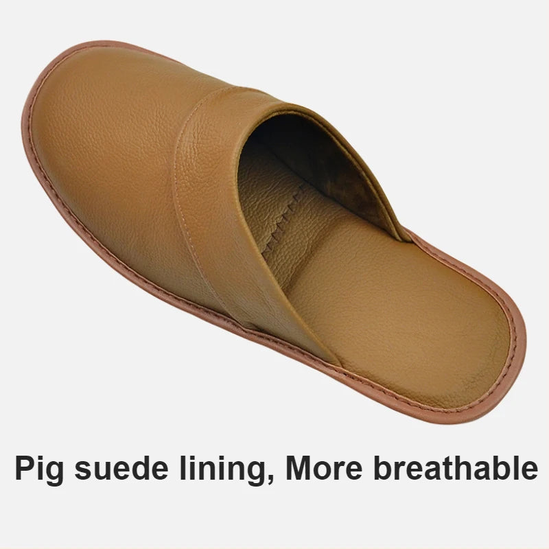 Genuine Cow Leather Slippers Homes in indoor slipper Spring Autumn summer men women elderly non-slip casual single Slides shoes
